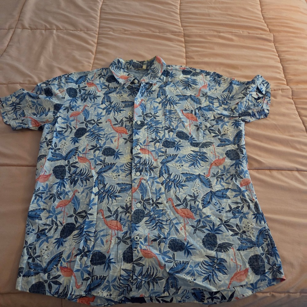 Izod Saltwater Mens XL Flamingo Pineapple Tropical Cotton Button Down Shirt Blue